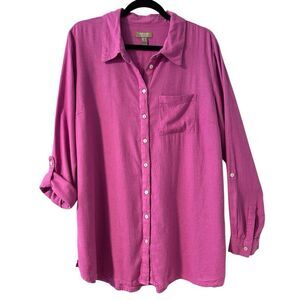 d & co L naturals linen blend pink purple soft one pocket button down shirt long